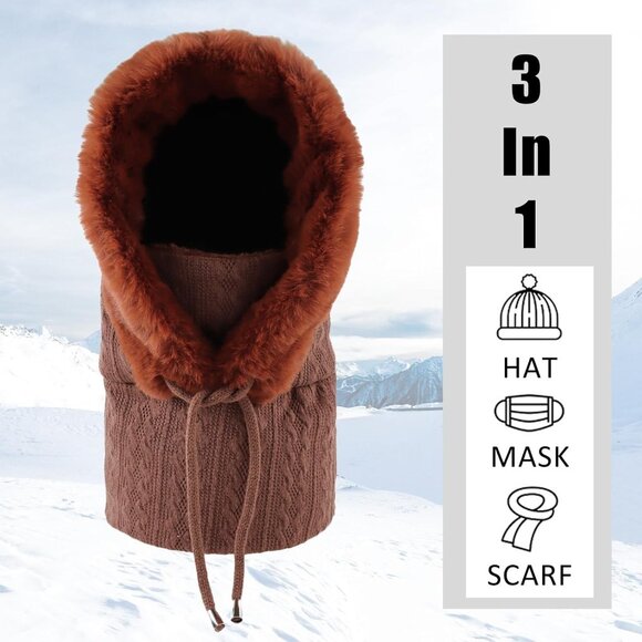 Women Coffee Polyester Warm Thick Fluff Beanie Adult Neck Face Winter Balaclava - Picture 4 of 7